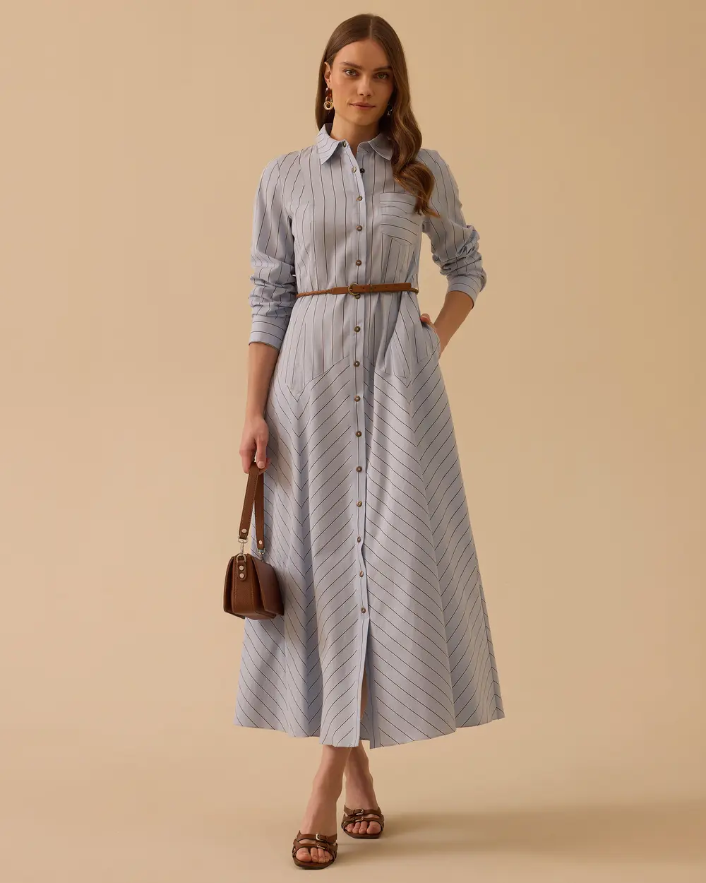 Çizgili Cepli Kemer Detaylı Elbise