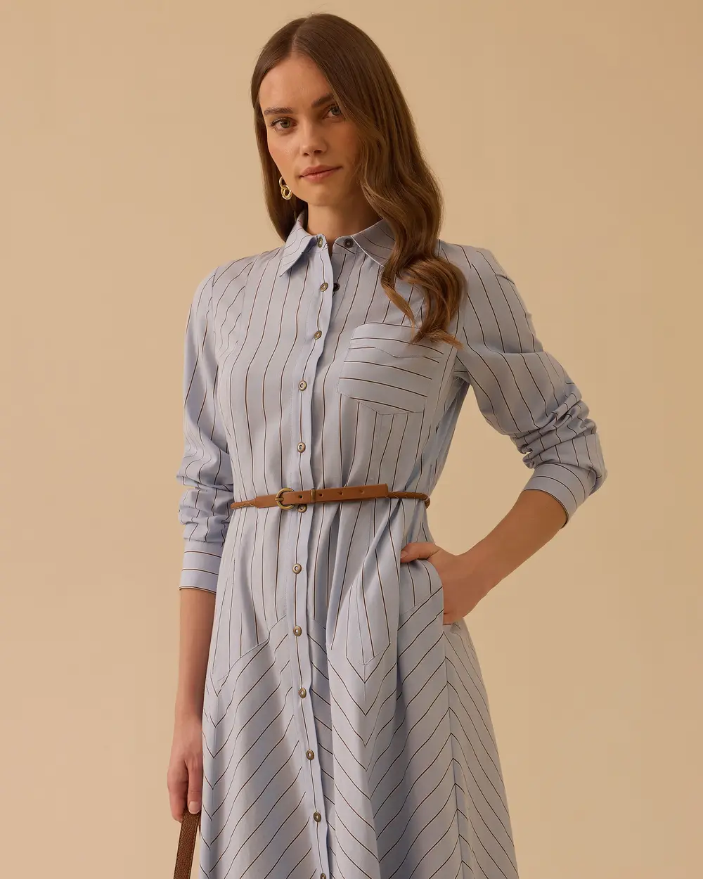 Çizgili Cepli Kemer Detaylı Elbise