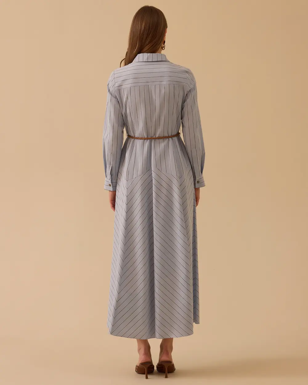 Çizgili Cepli Kemer Detaylı Elbise