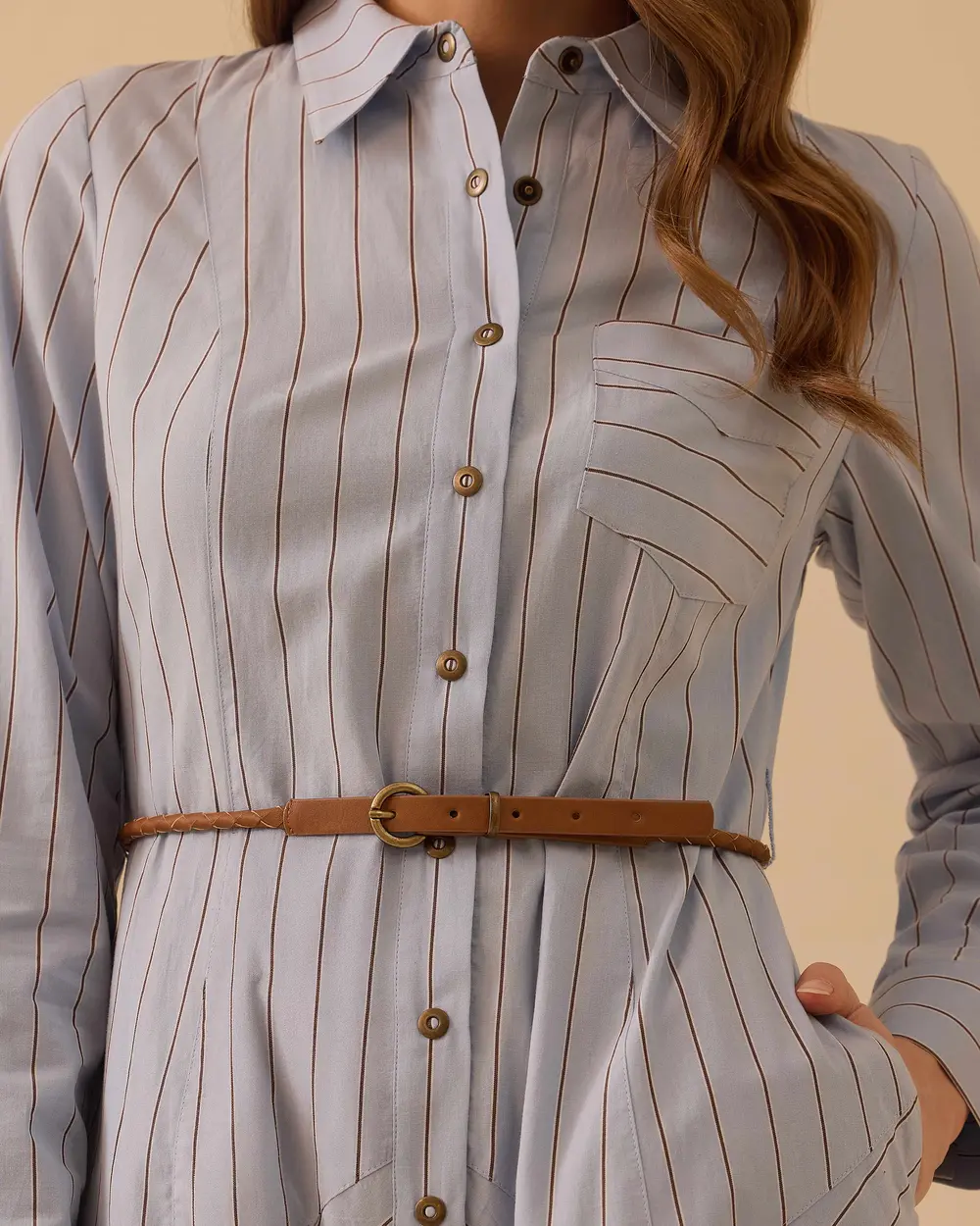 Çizgili Cepli Kemer Detaylı Elbise