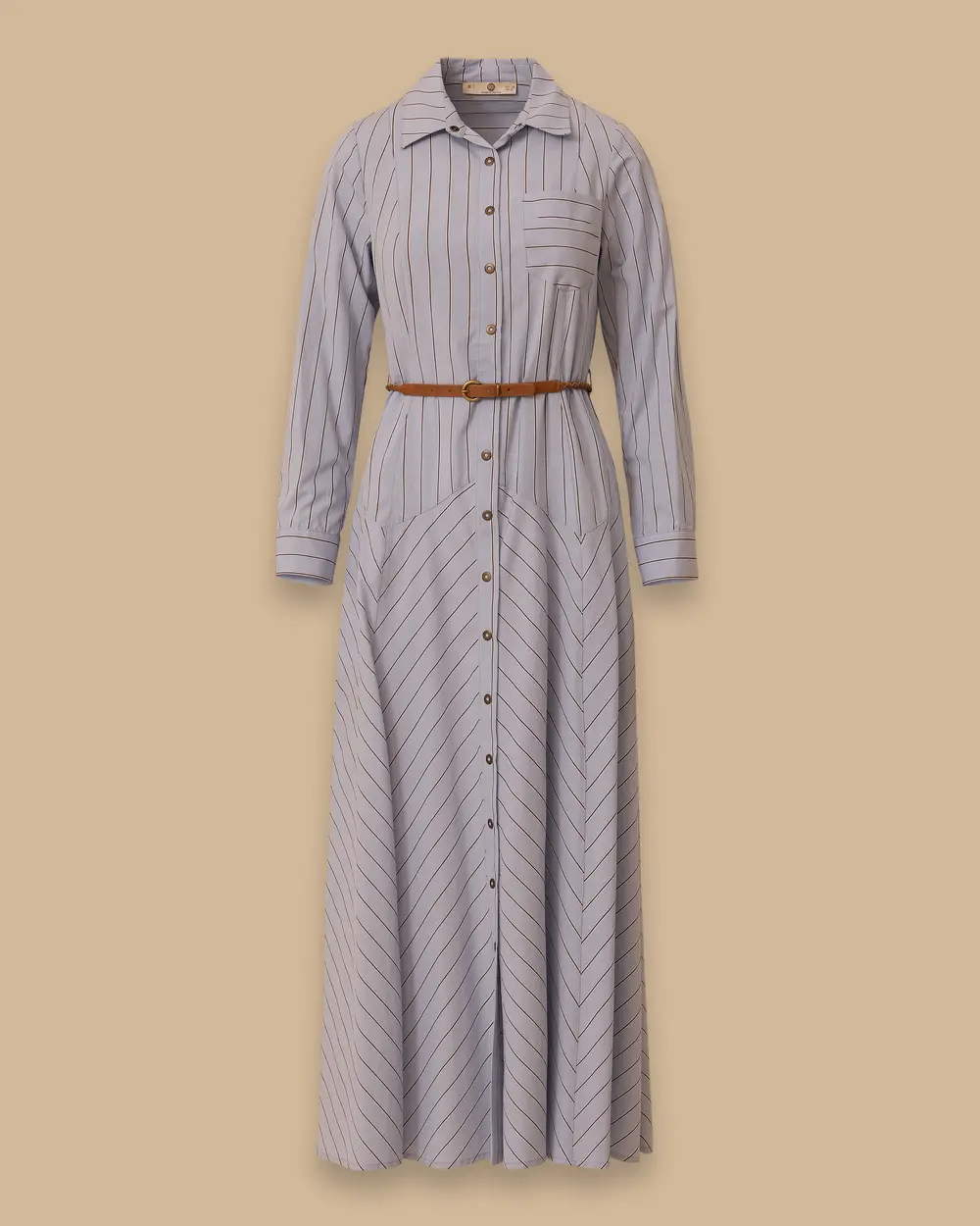 Çizgili Cepli Kemer Detaylı Elbise