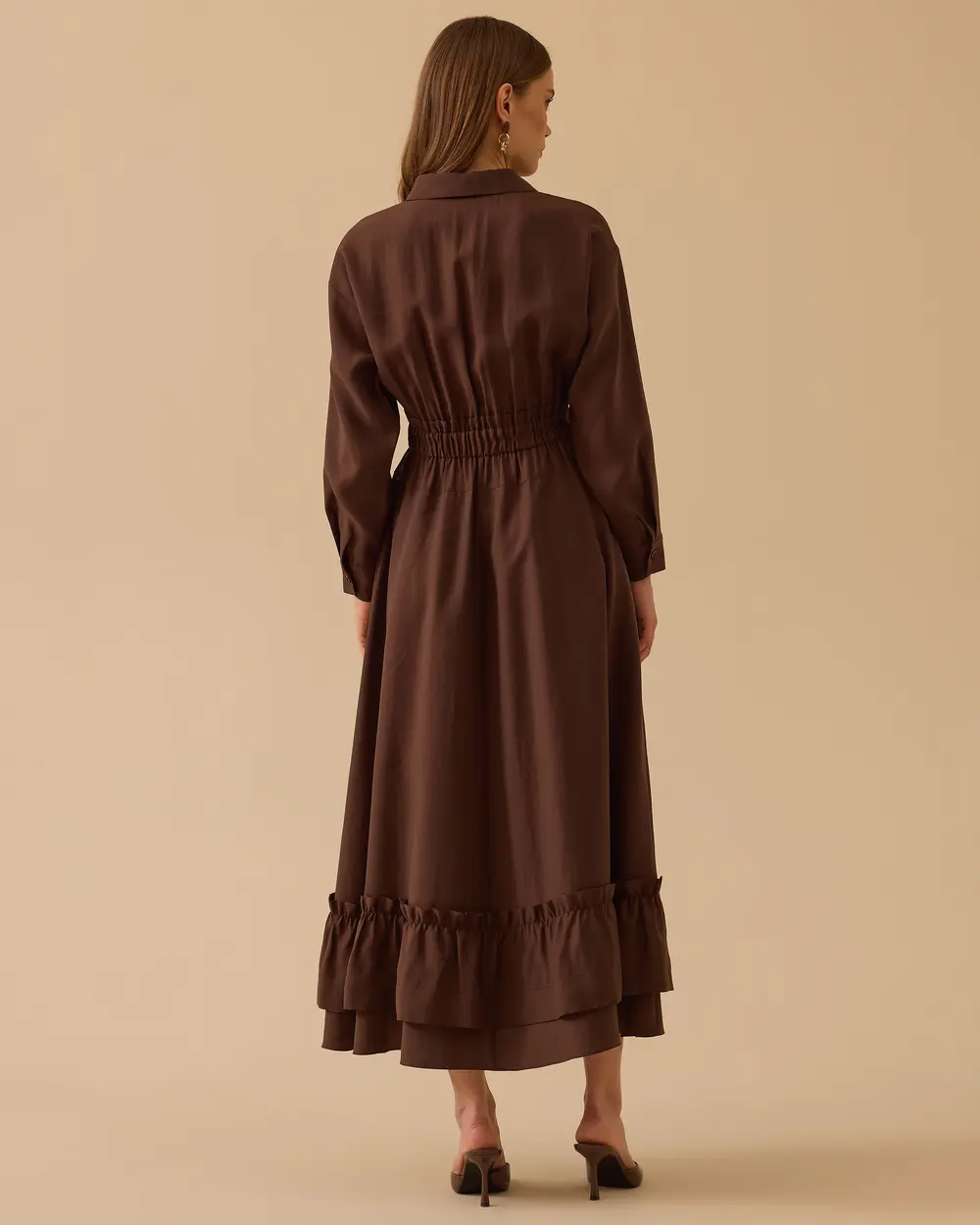 Beli Lastikli Fırfırlı Düğmeli Elbise