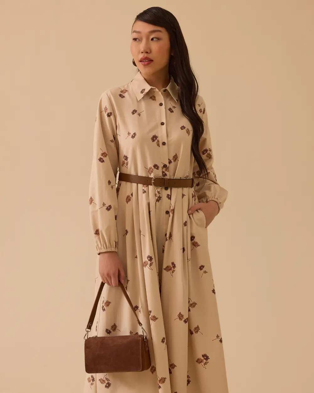 Floral Patterned Belted Long Dress