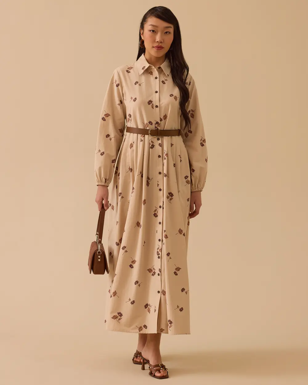 Floral Patterned Belted Long Dress