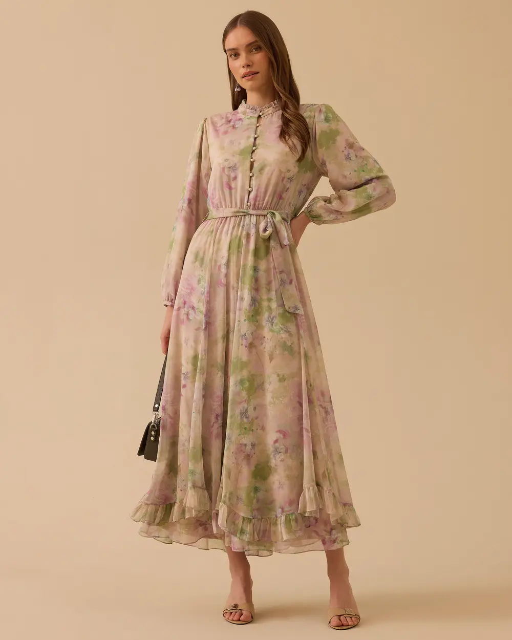 Çiçek Desenli Fırfırlı Şifon Elbise