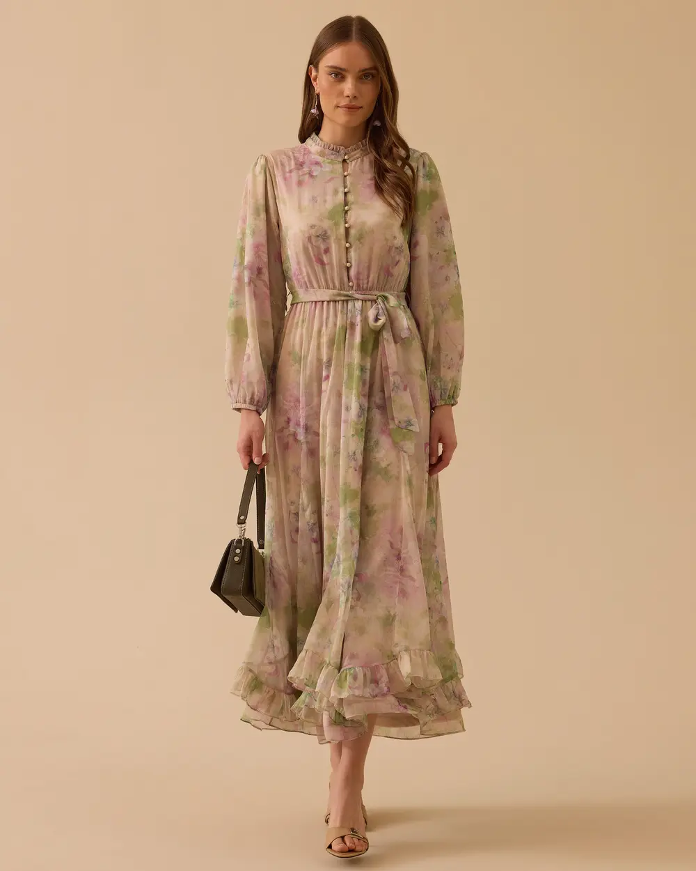 Çiçek Desenli Fırfırlı Şifon Elbise