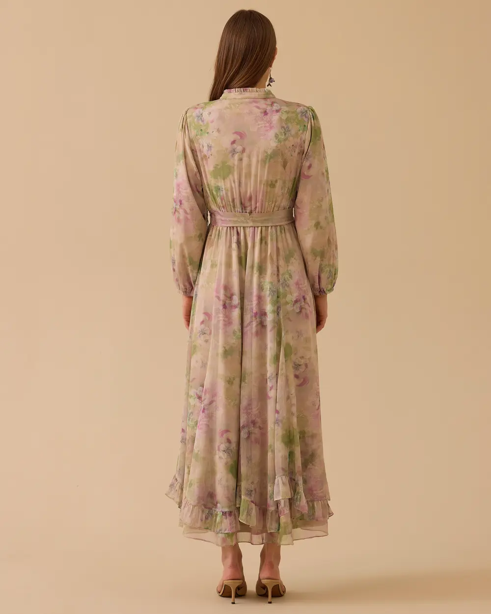 Çiçek Desenli Fırfırlı Şifon Elbise