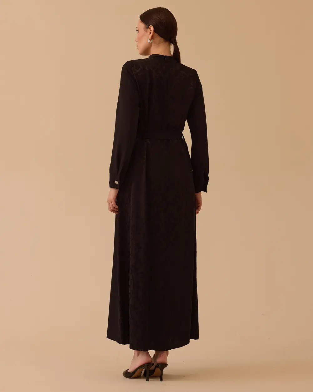 Desenli Kuşaklı Jakar Elbise