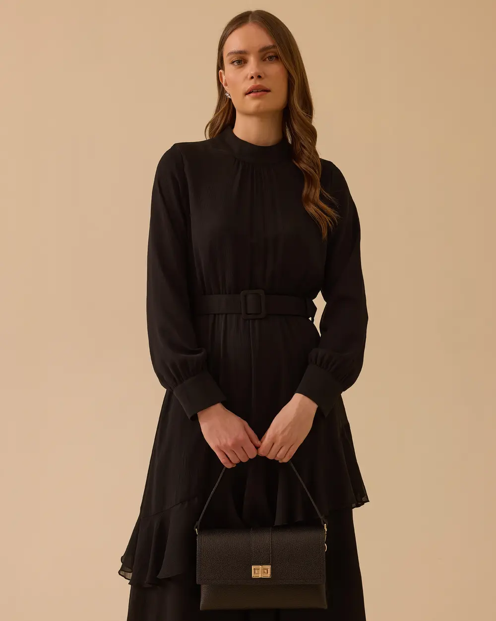 Chiffon Dress with Belted Ruffle Detail
