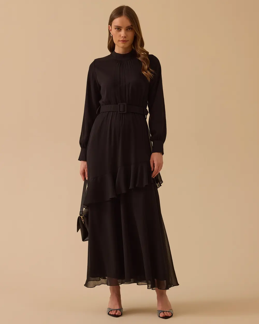 Chiffon Dress with Belted Ruffle Detail