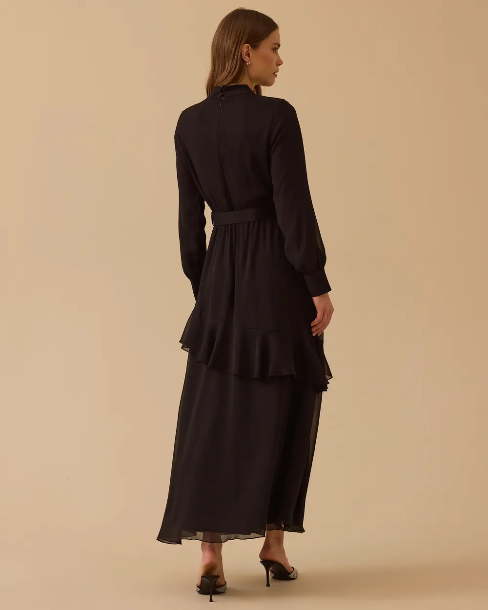 Chiffon Dress with Belted Ruffle Detail