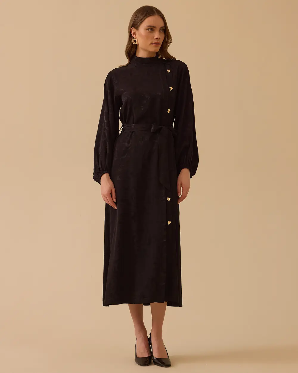 Kuşaklı Desenli Jakar Elbise