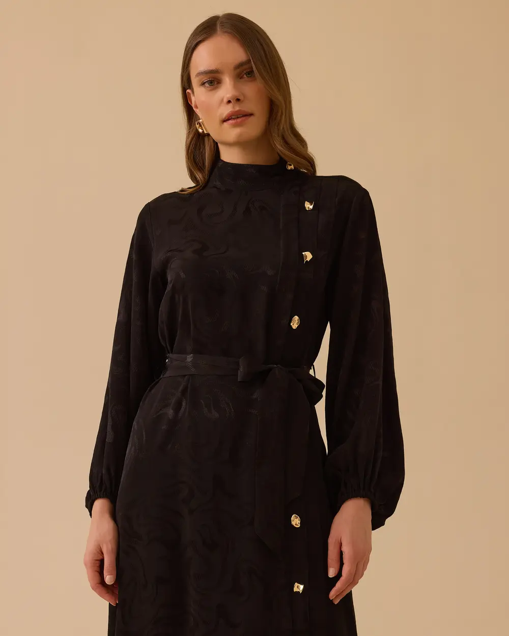 Kuşaklı Desenli Jakar Elbise