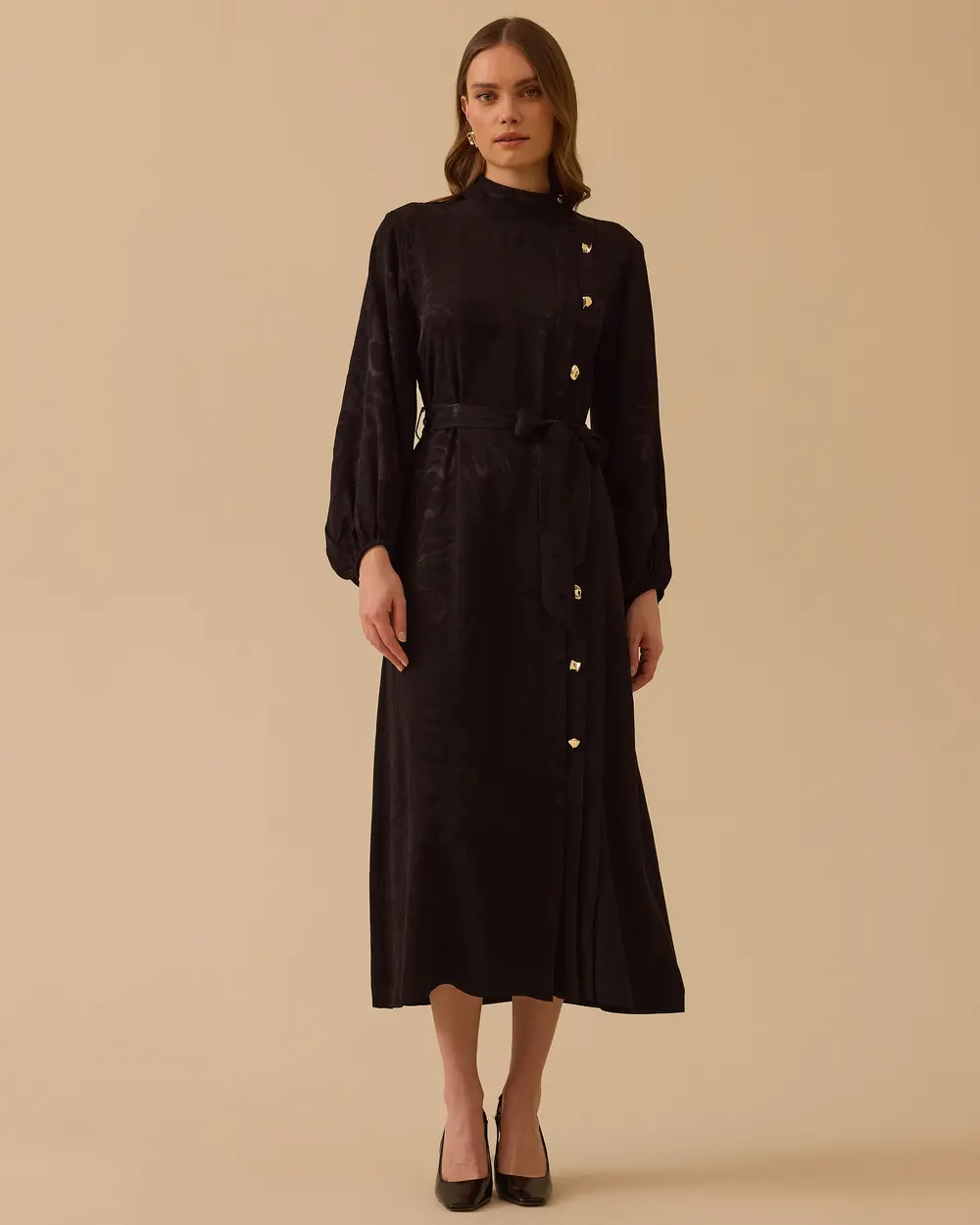 Kuşaklı Desenli Jakar Elbise