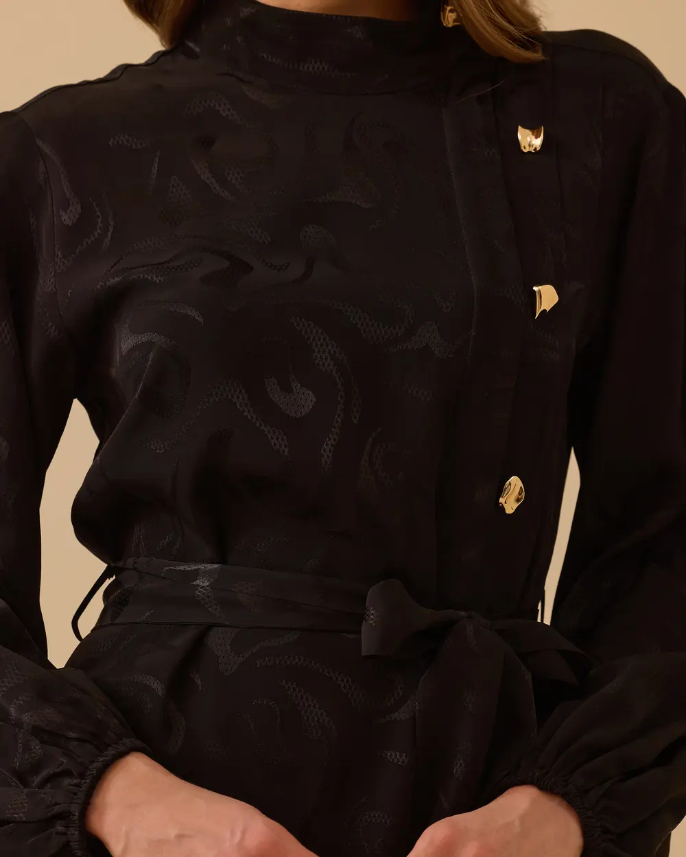 Kuşaklı Desenli Jakar Elbise