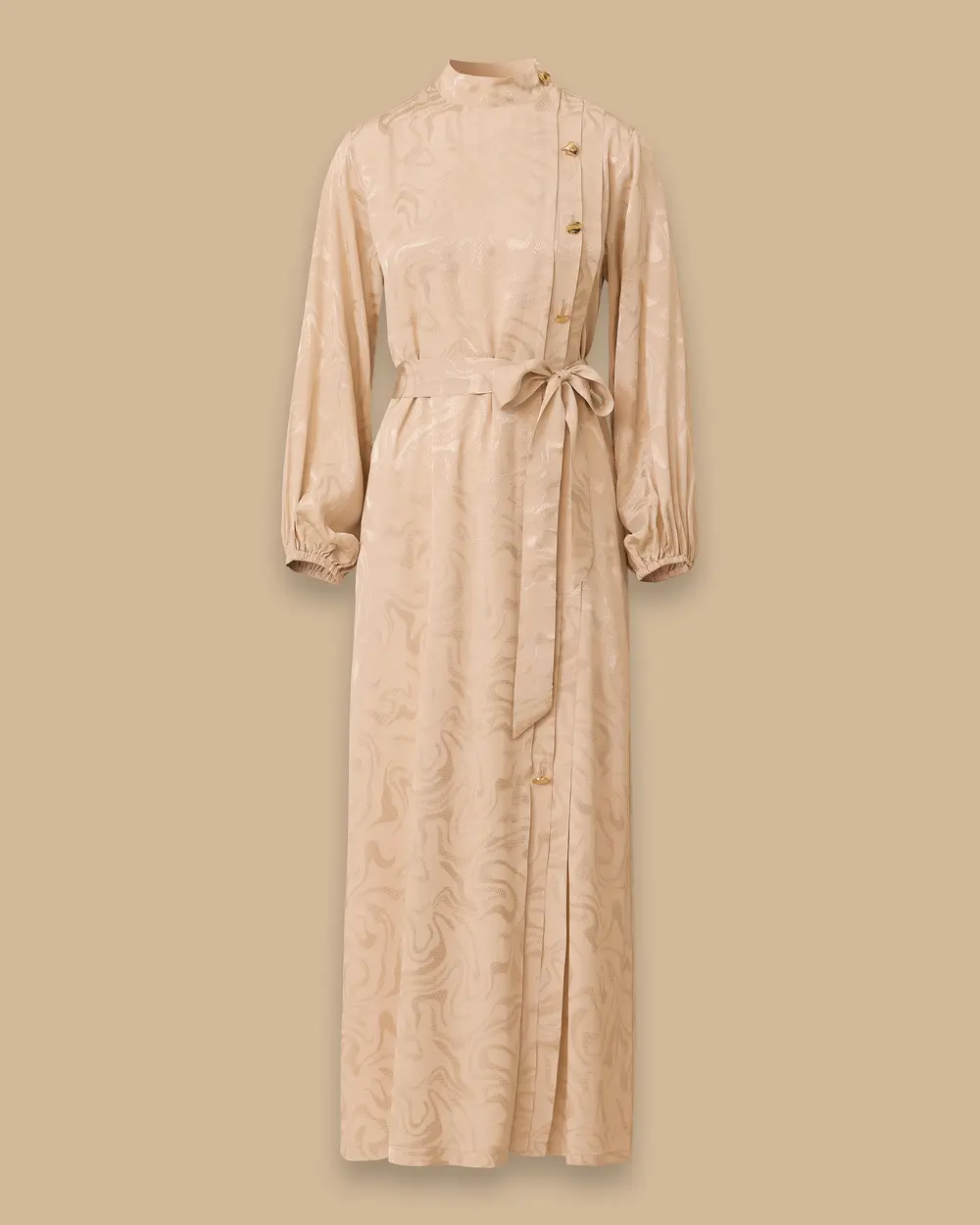 Kuşaklı Desenli Jakar Elbise