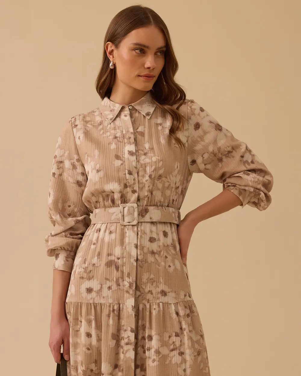 Belted Shirt Collar Patterned Dress