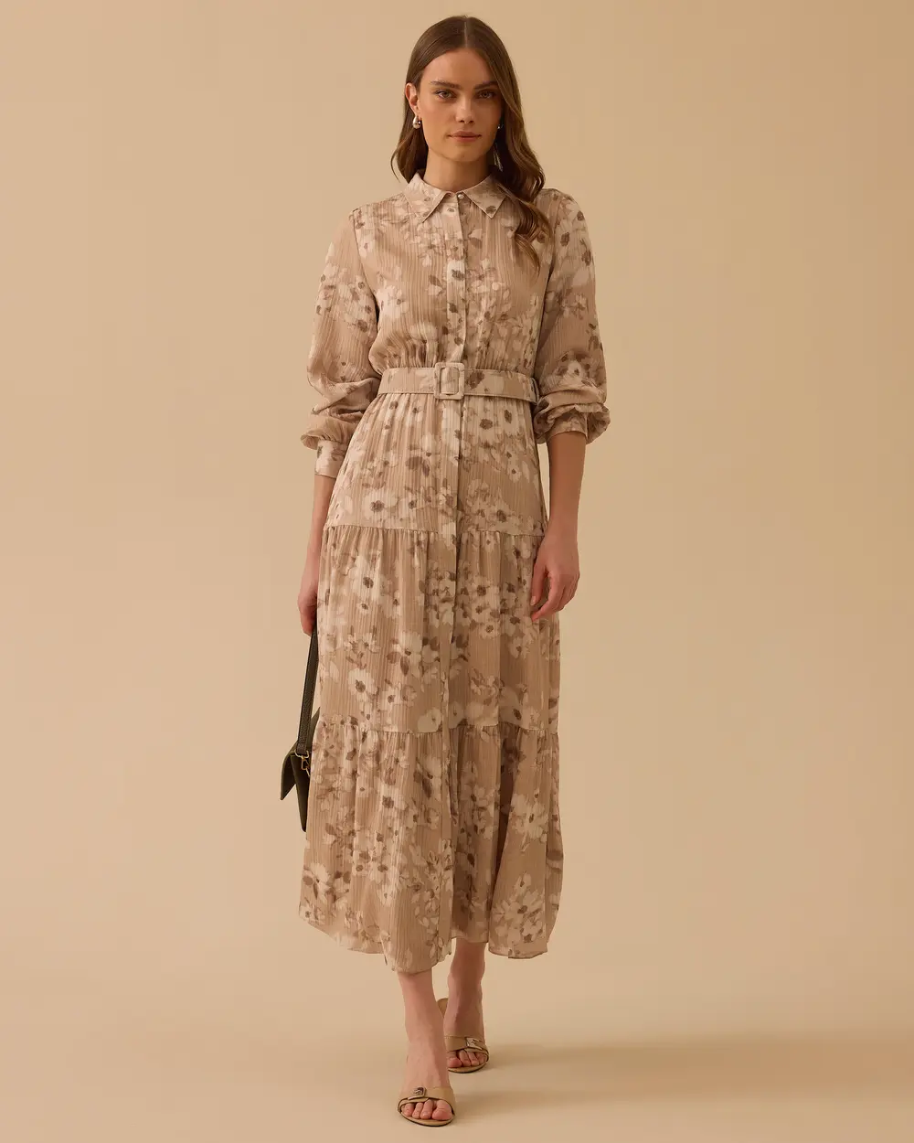 Belted Shirt Collar Patterned Dress