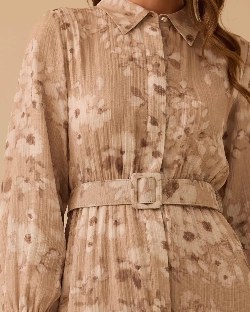 Belted Shirt Collar Patterned Dress