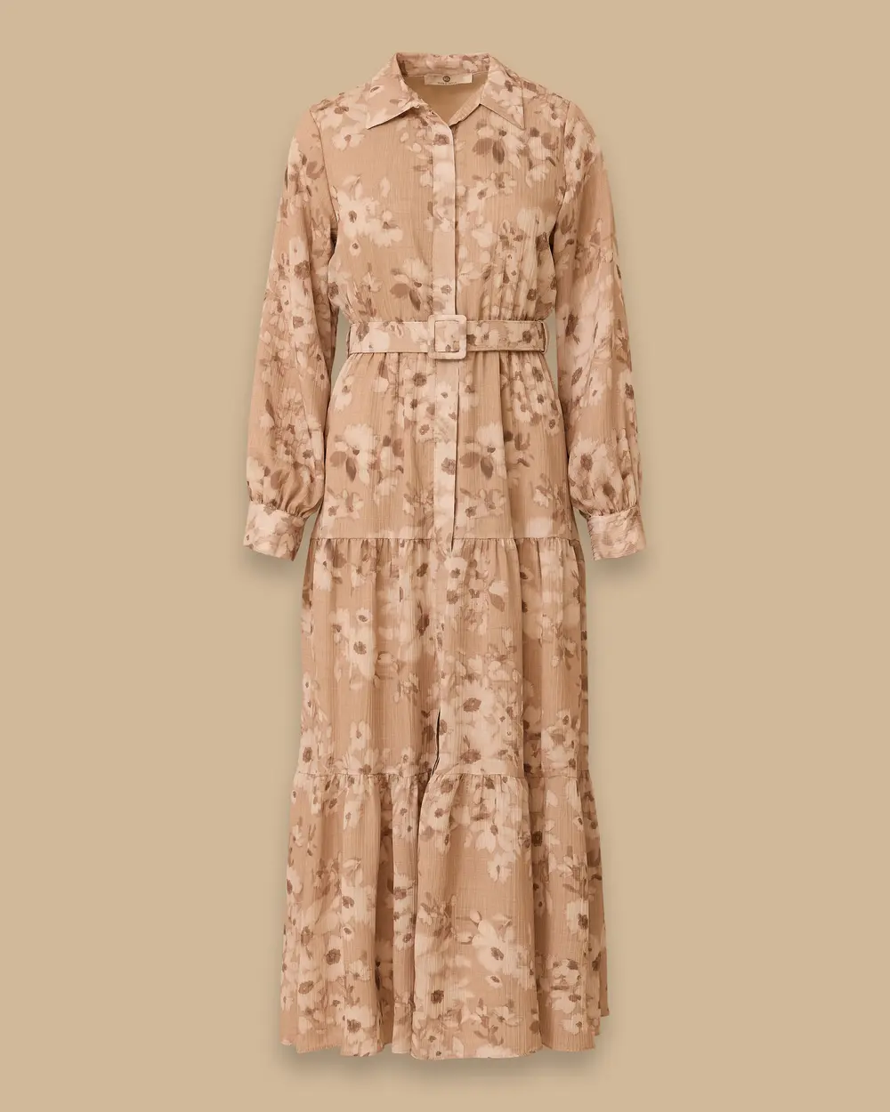 Belted Shirt Collar Patterned Dress