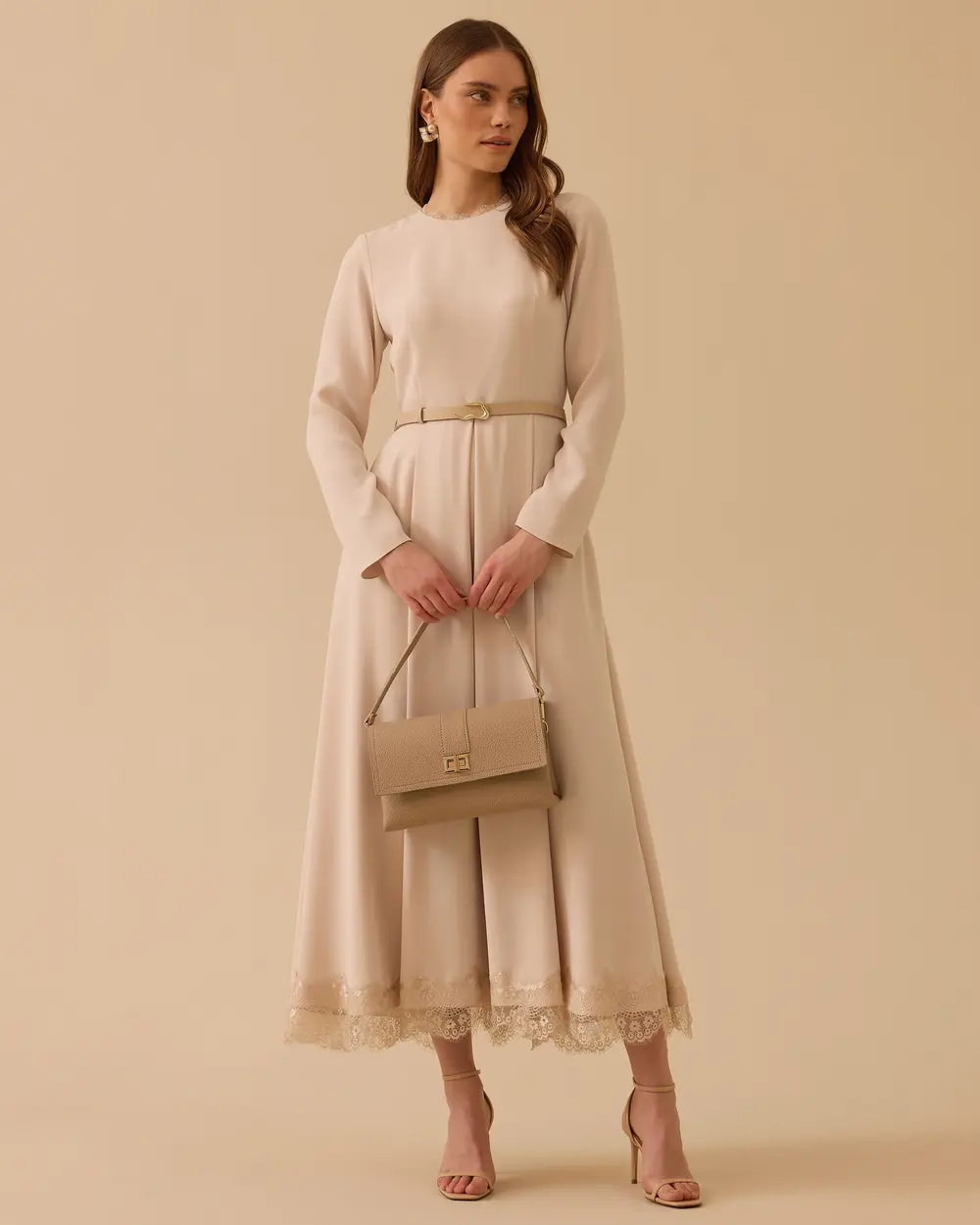 Lace Detailed Belted Midi Dress