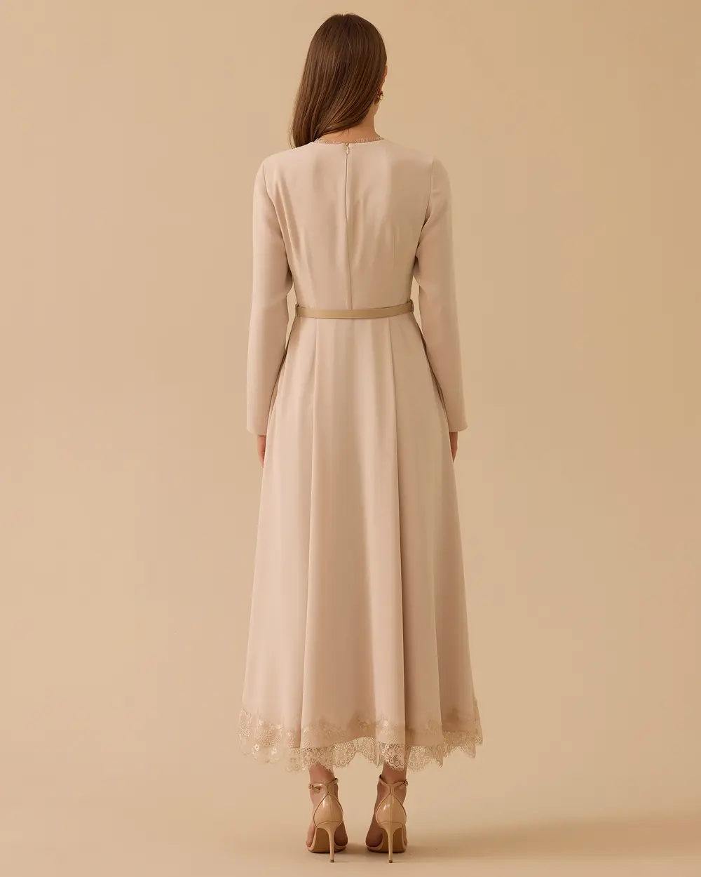 Lace Detailed Belted Midi Dress