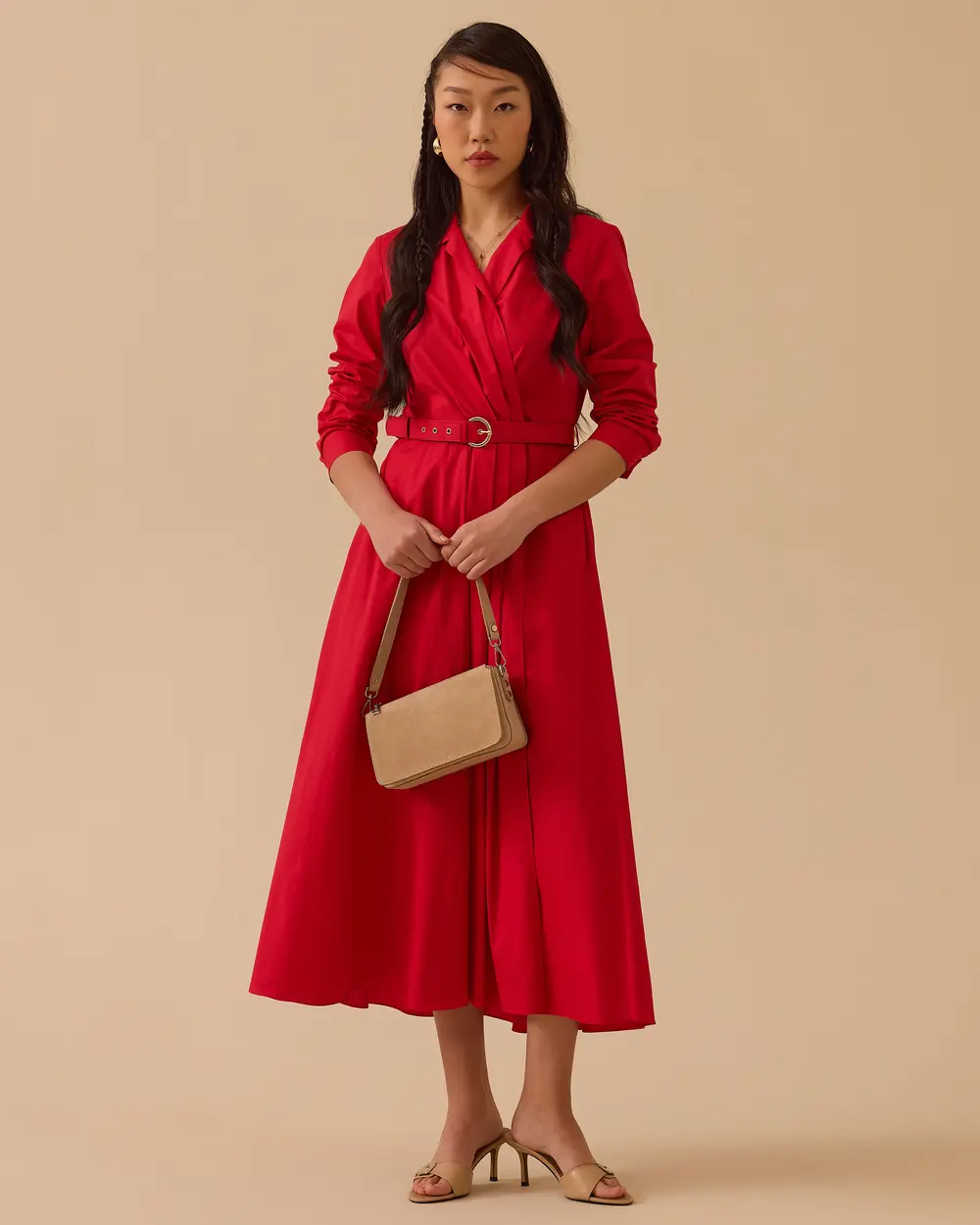 Double-breasted Belted Dress with Pleated Detail