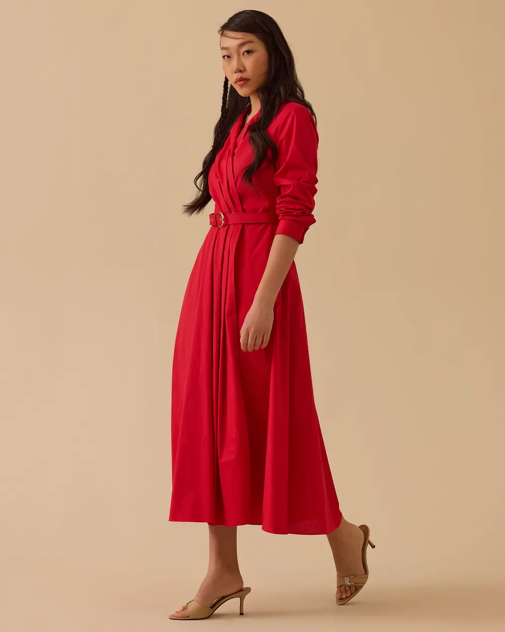 Double-breasted Belted Dress with Pleated Detail