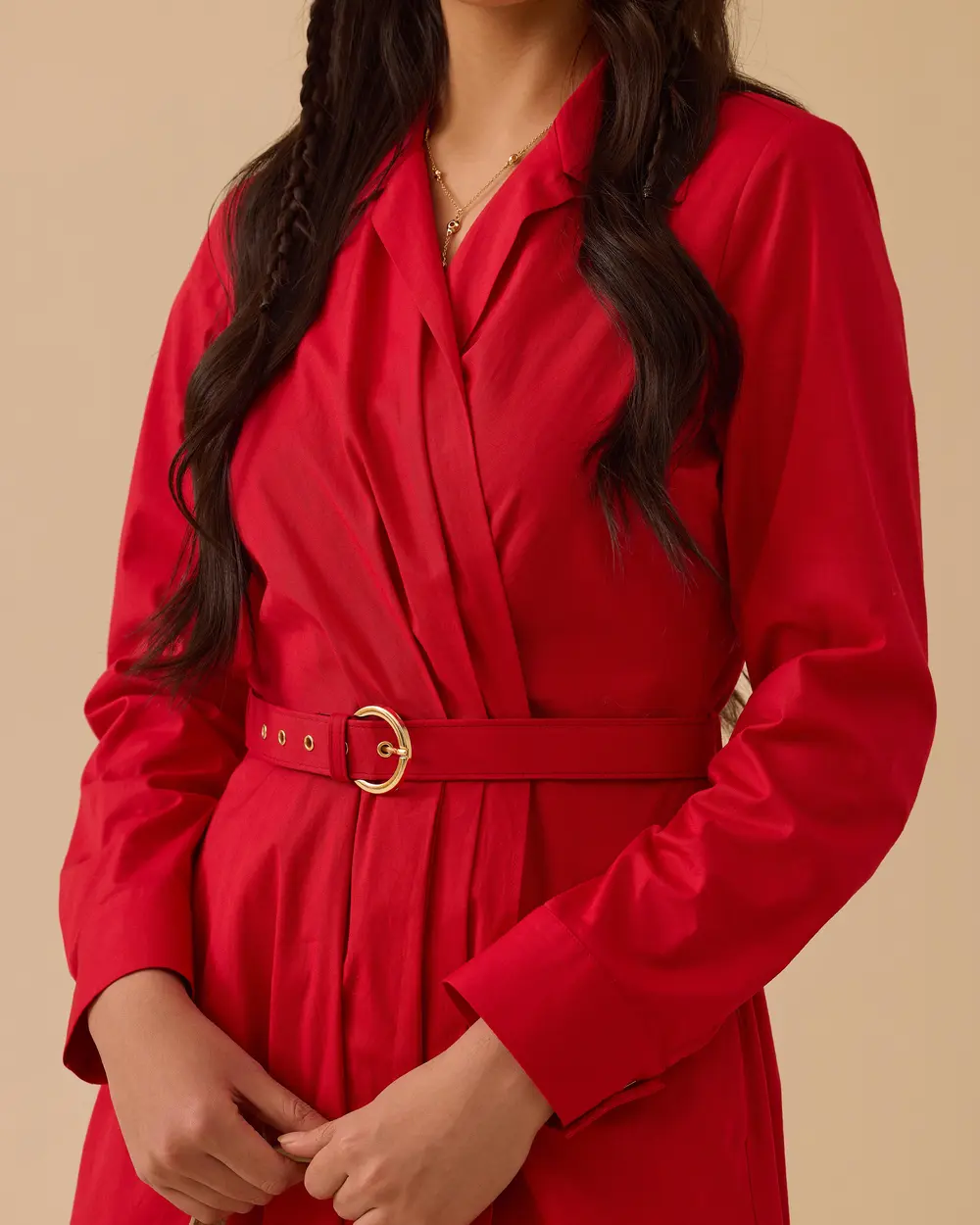 Double-breasted Belted Dress with Pleated Detail