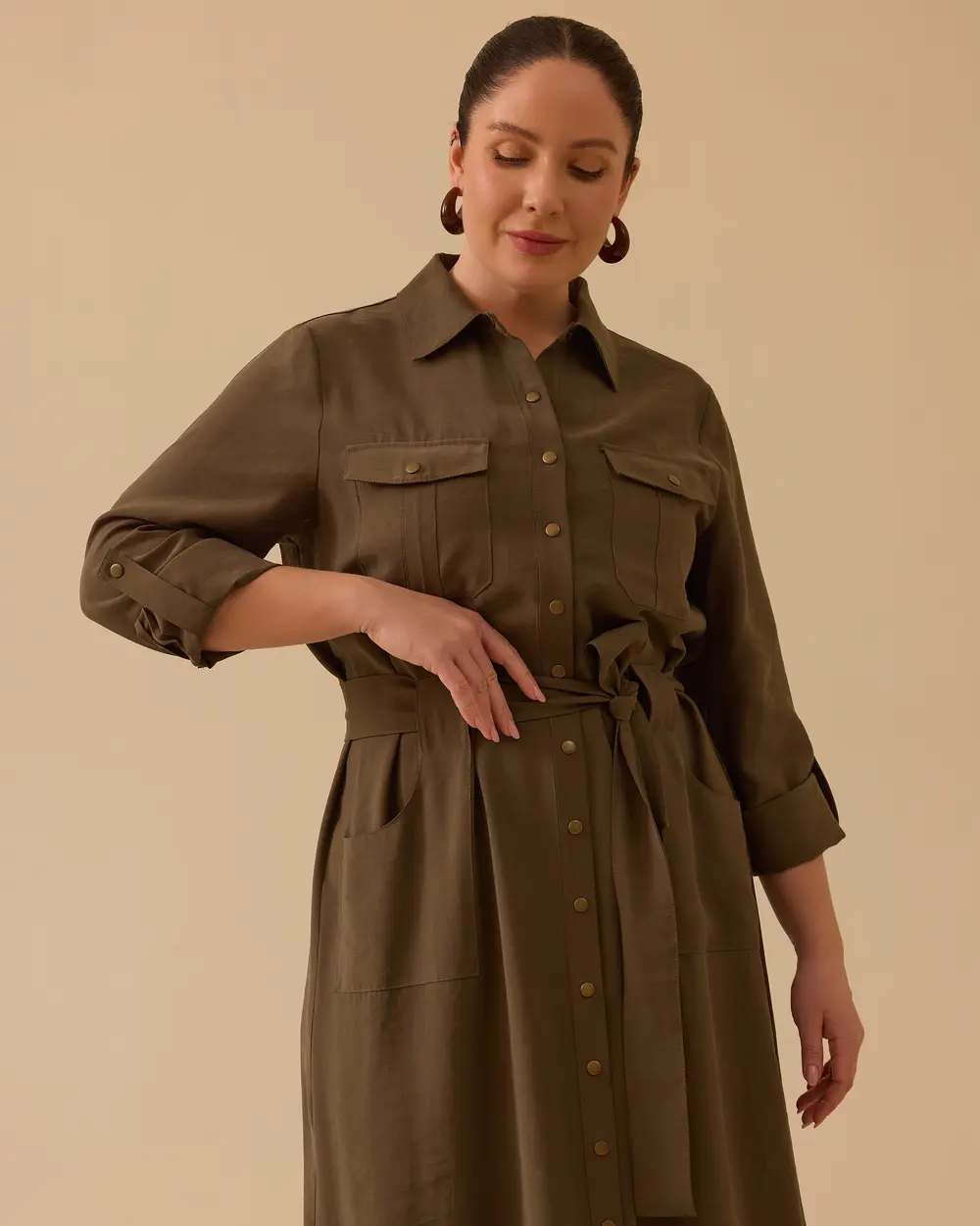 Büyük Beden Bağlama Detaylı Cepli Elbise