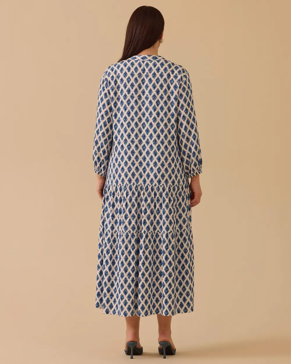 Büyük Beden Desenli Volanlı Elbise