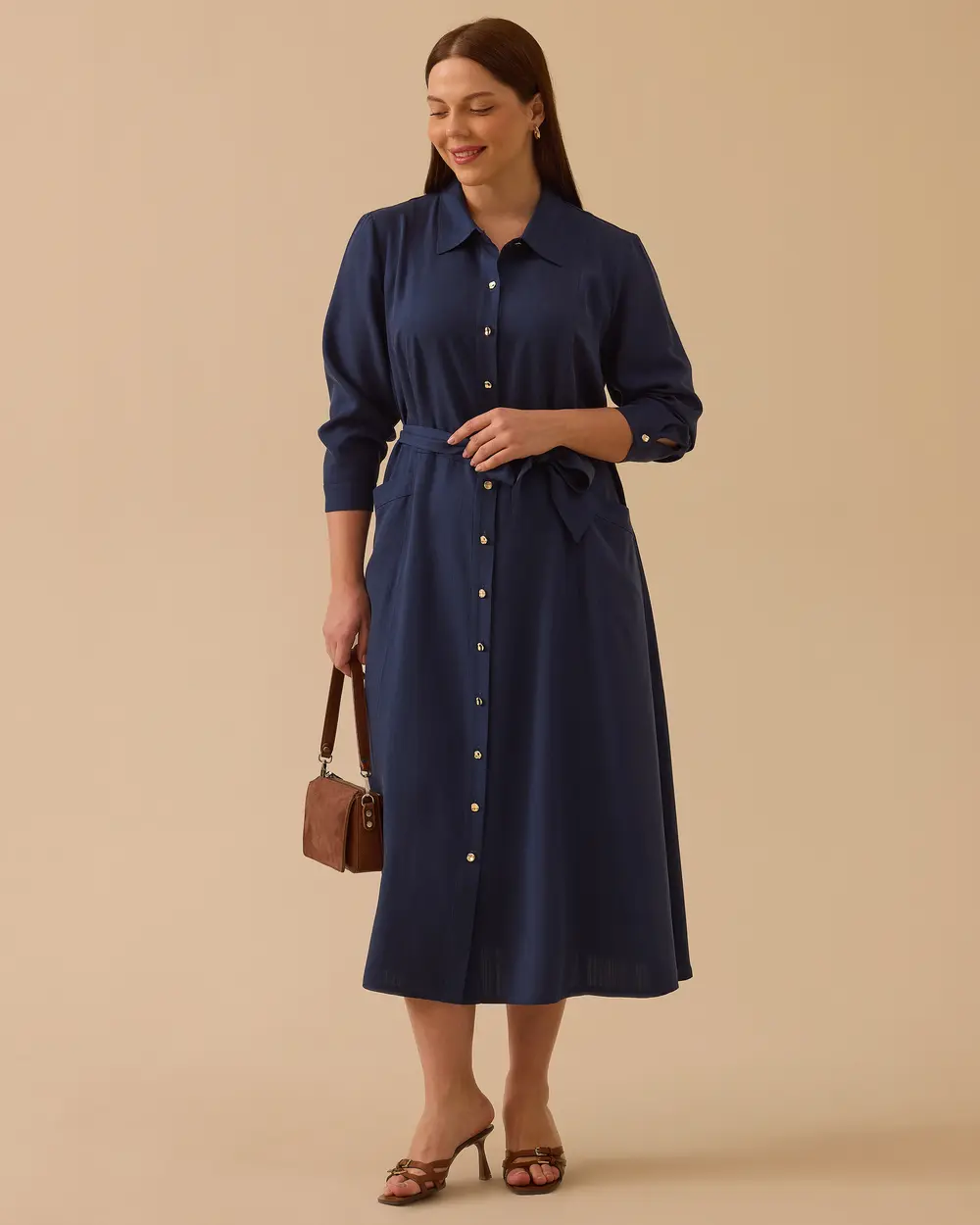 Plus Size Long Sleeve Belted Midi Length Dress