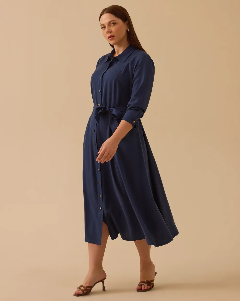 Plus Size Long Sleeve Belted Midi Length Dress