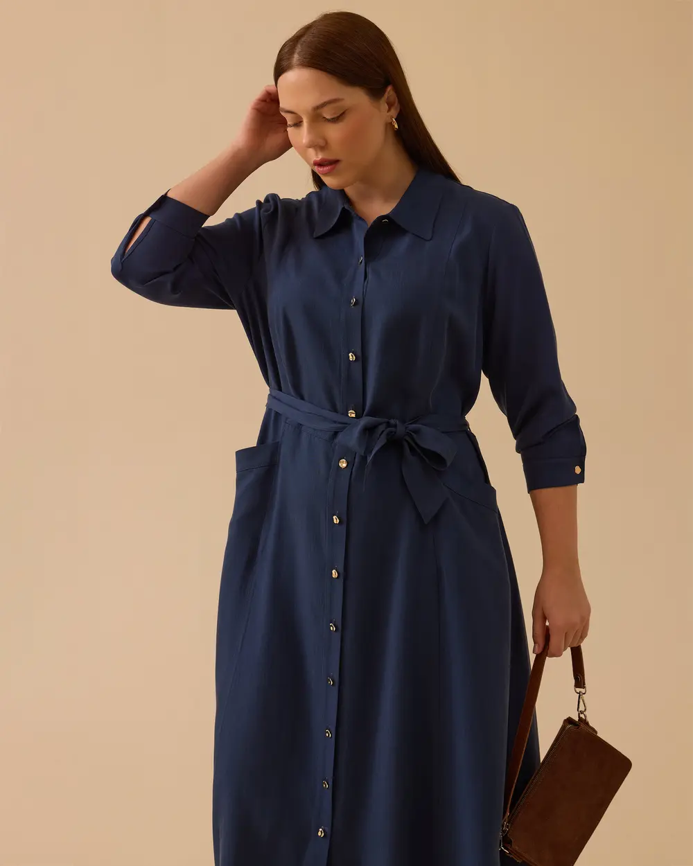 Plus Size Long Sleeve Belted Midi Length Dress