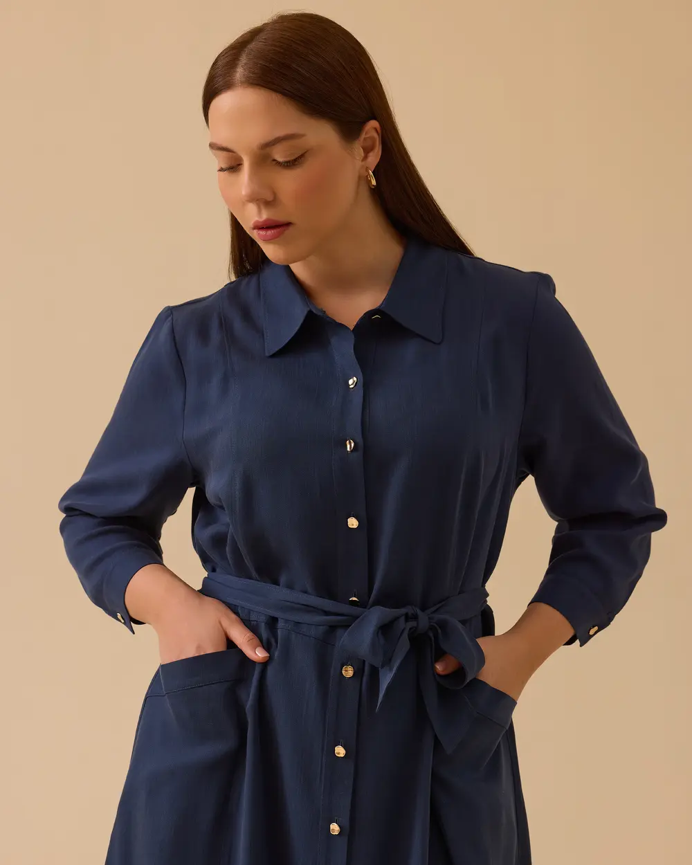 Plus Size Long Sleeve Belted Midi Length Dress