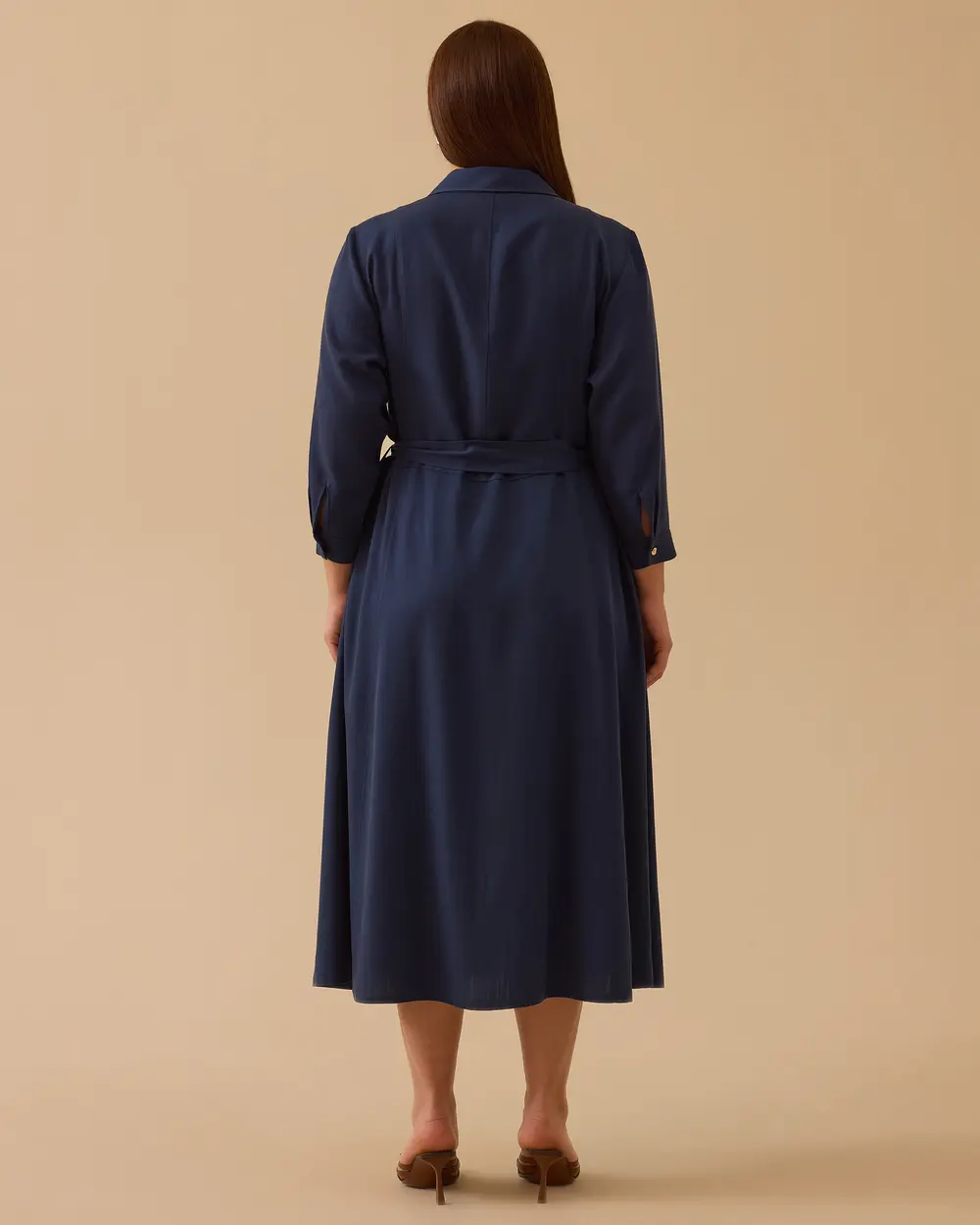 Plus Size Long Sleeve Belted Midi Length Dress