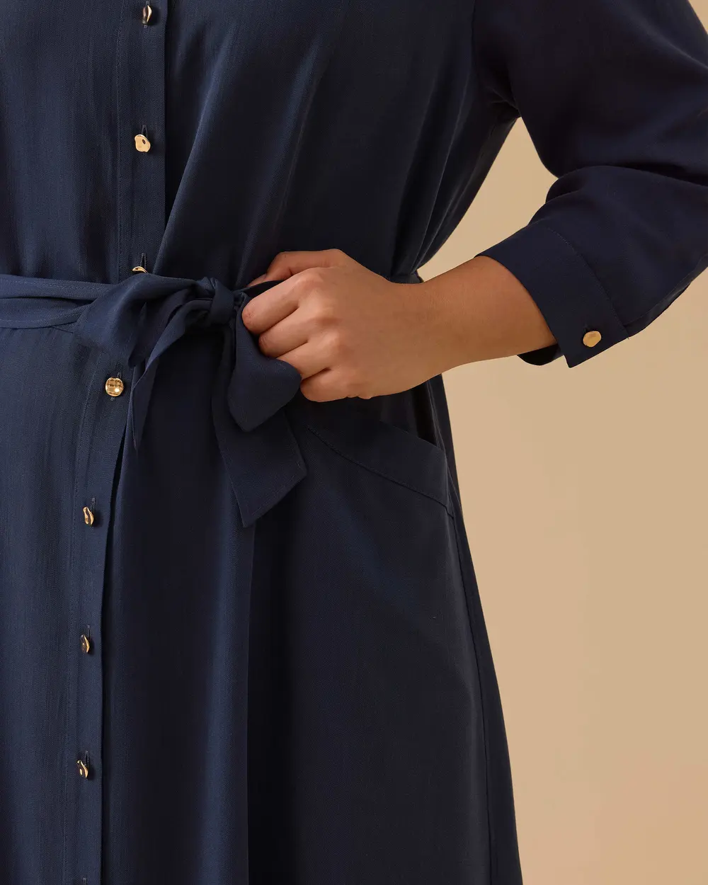 Plus Size Long Sleeve Belted Midi Length Dress