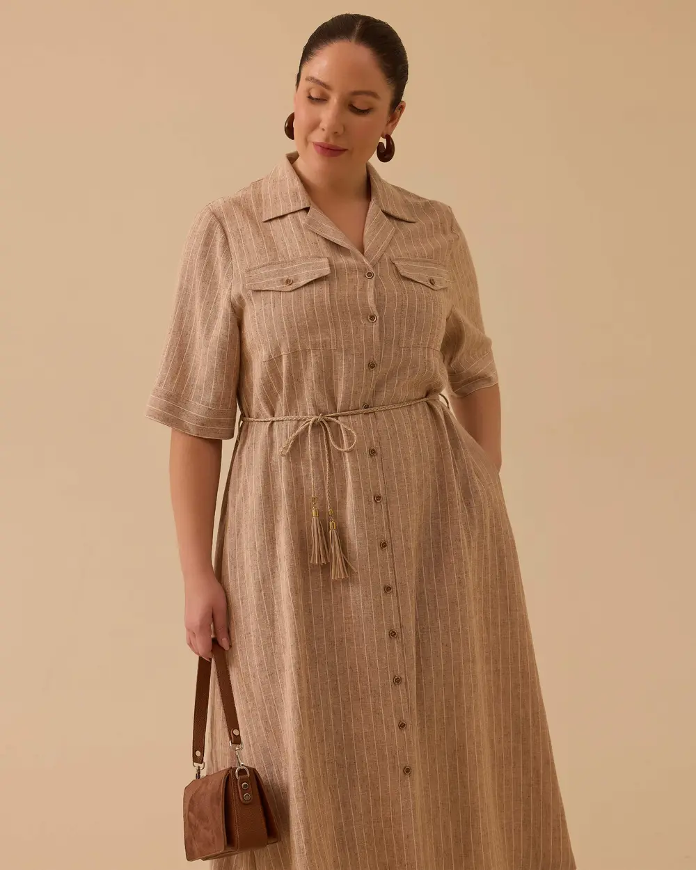 Plus-Size Striped Shirt Dress with a Belt