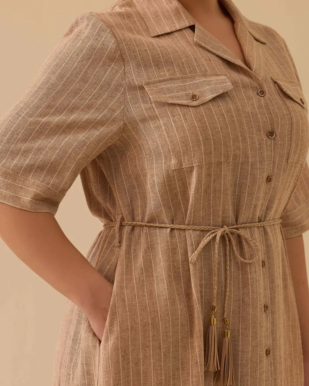 Plus-Size Striped Shirt Dress with a Belt