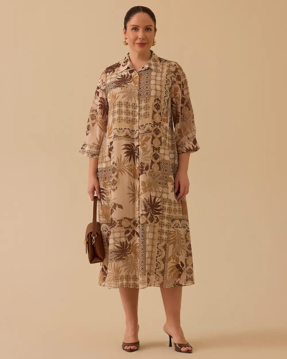 Büyük Beden Desenli Düğmeli Elbise