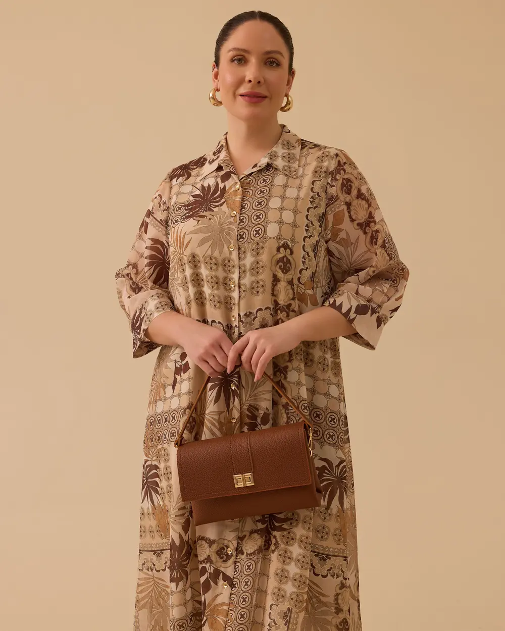 Büyük Beden Desenli Düğmeli Elbise