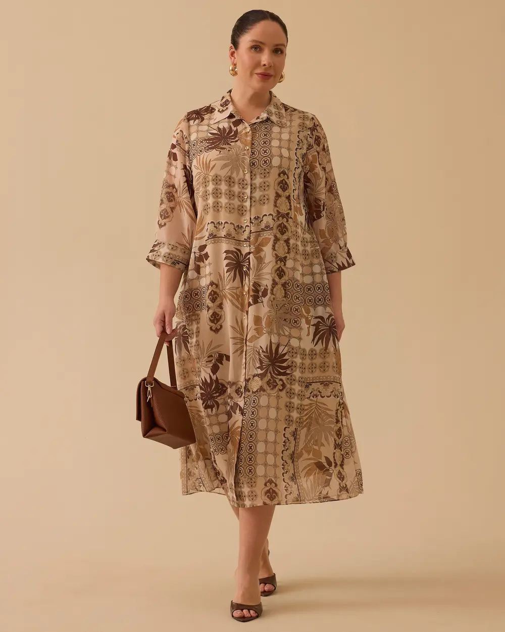 Büyük Beden Desenli Düğmeli Elbise