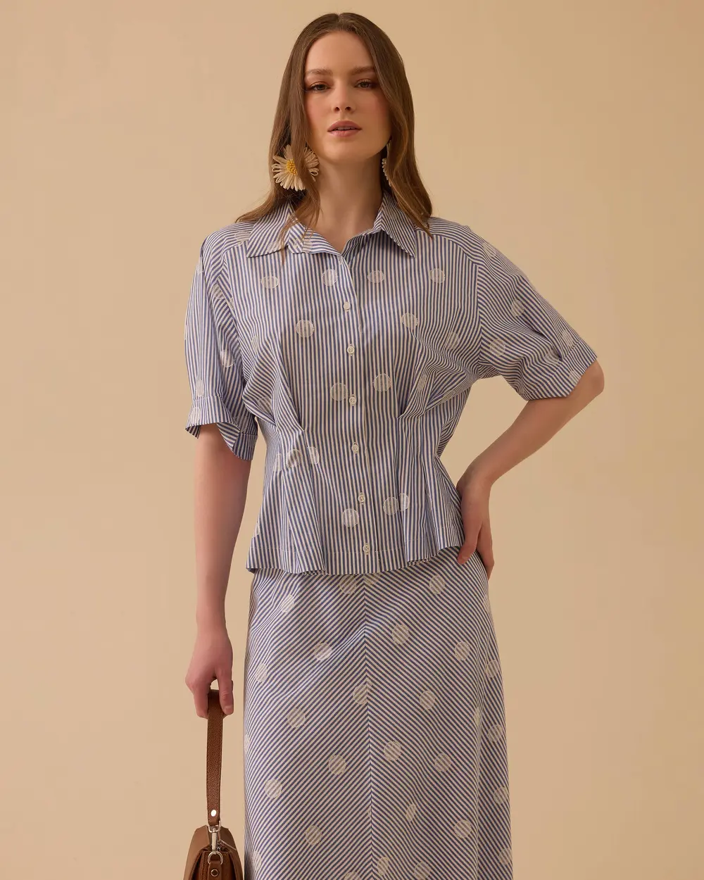 Çizgili Pileli Desenli Gömlek