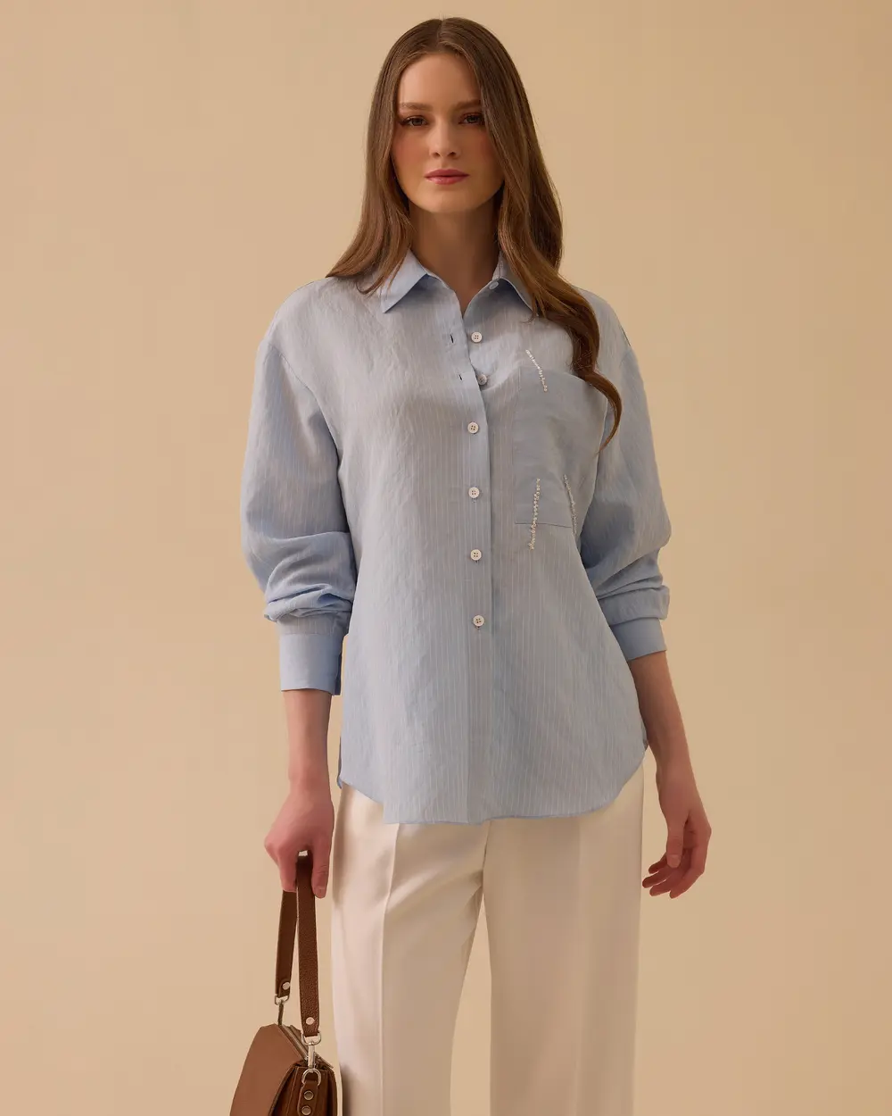 Boncuk İşlemeli Çizgili Gömlek