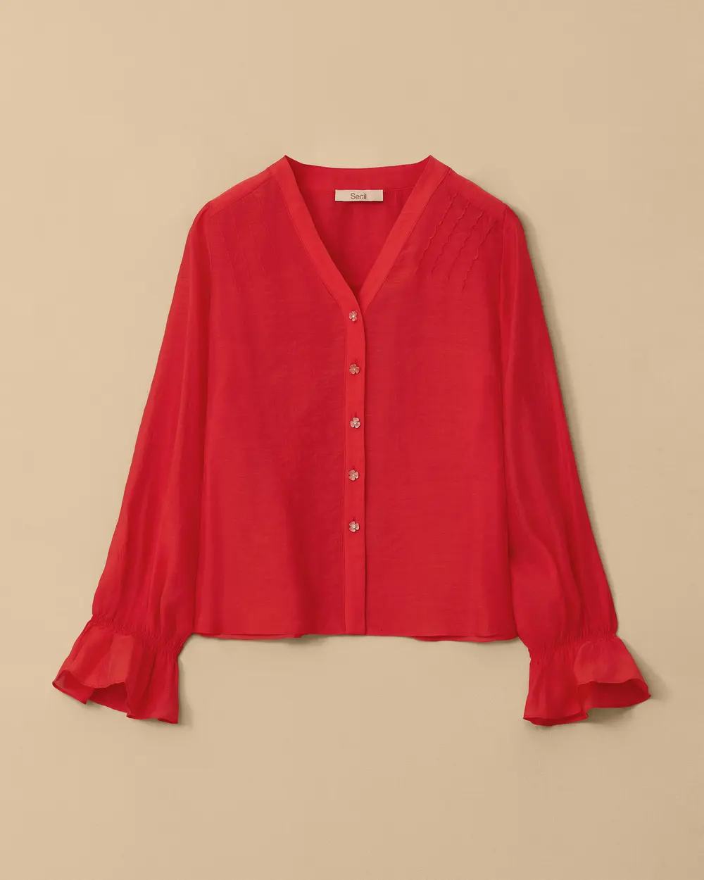 V-Neck Shirt with Shirred Sleeves