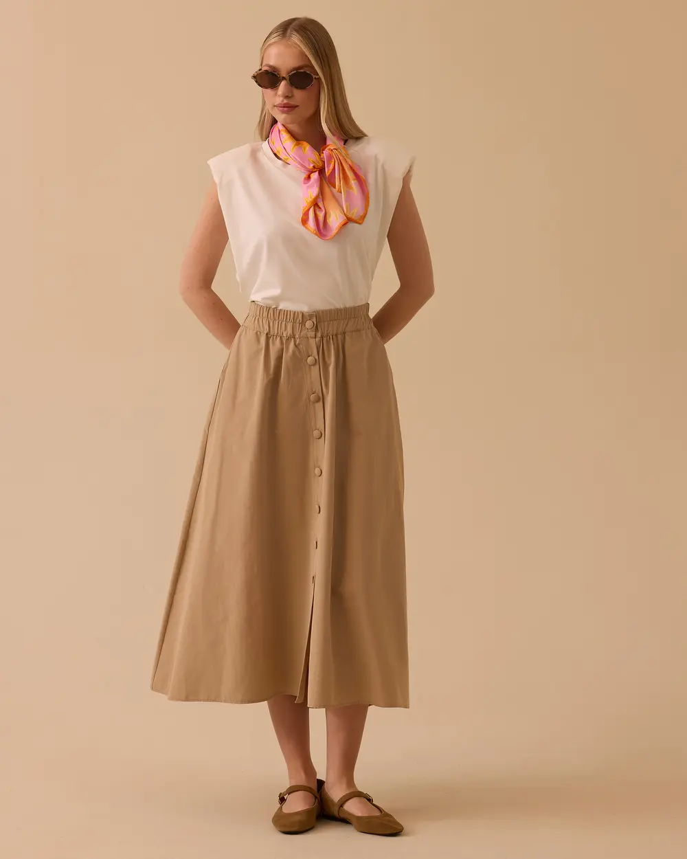 Elastik Bel Düğmeli Cepli Etek