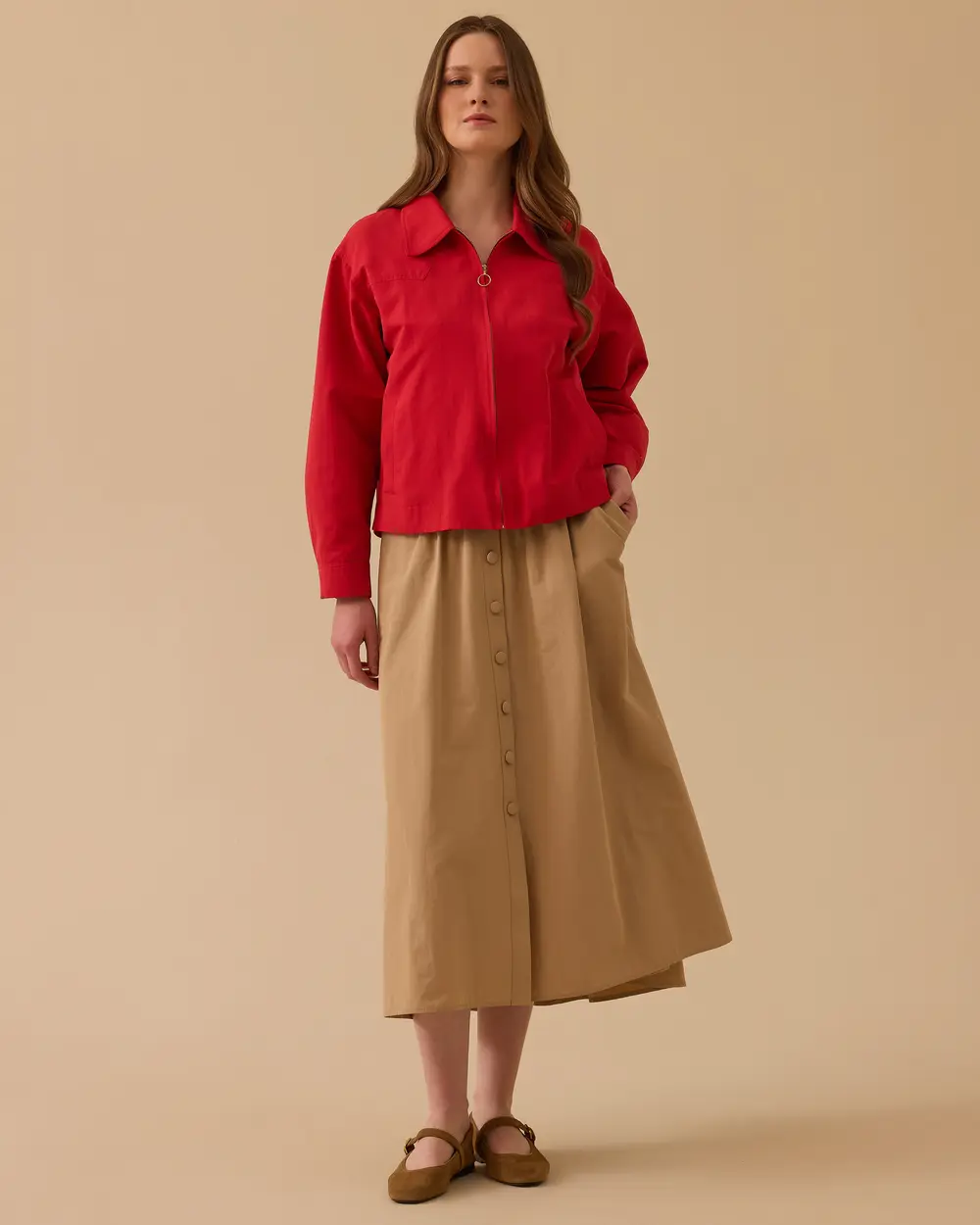 Elastic Waist Buttoned Pocket Skirt