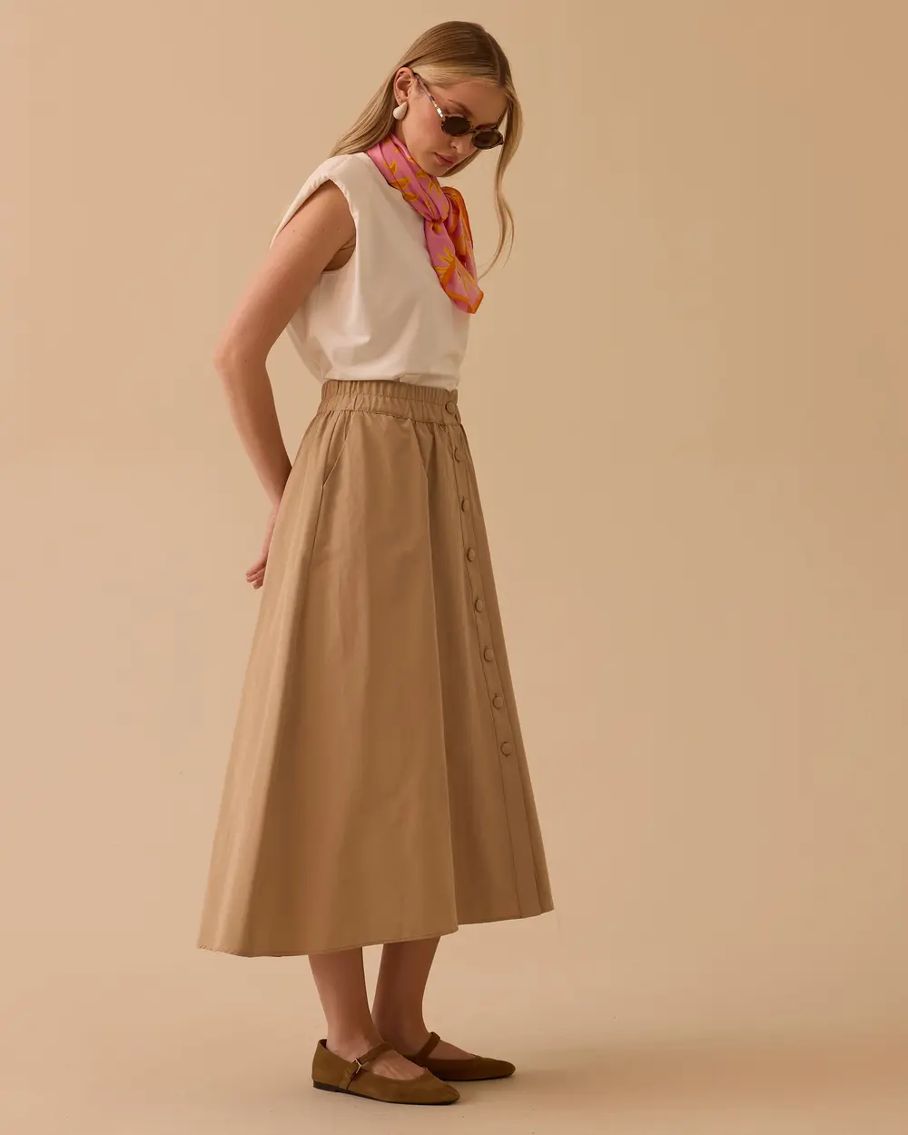 Elastik Bel Düğmeli Cepli Etek