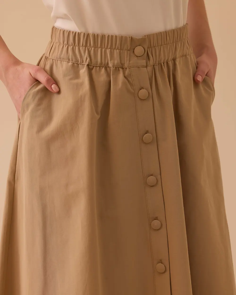 Elastik Bel Düğmeli Cepli Etek