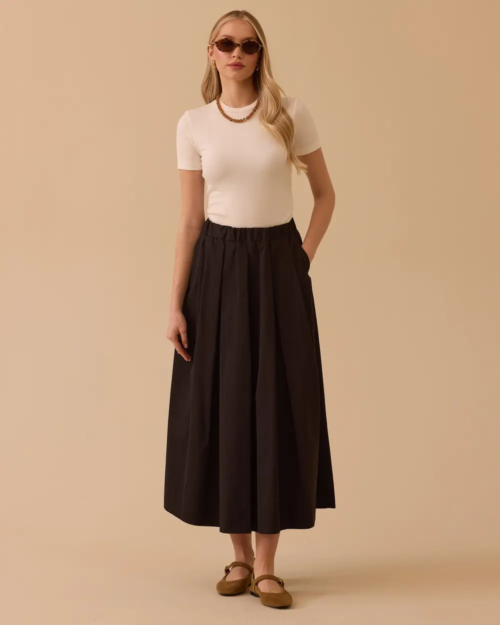 Pile Detaylı Elastik Bel Kloş Etek